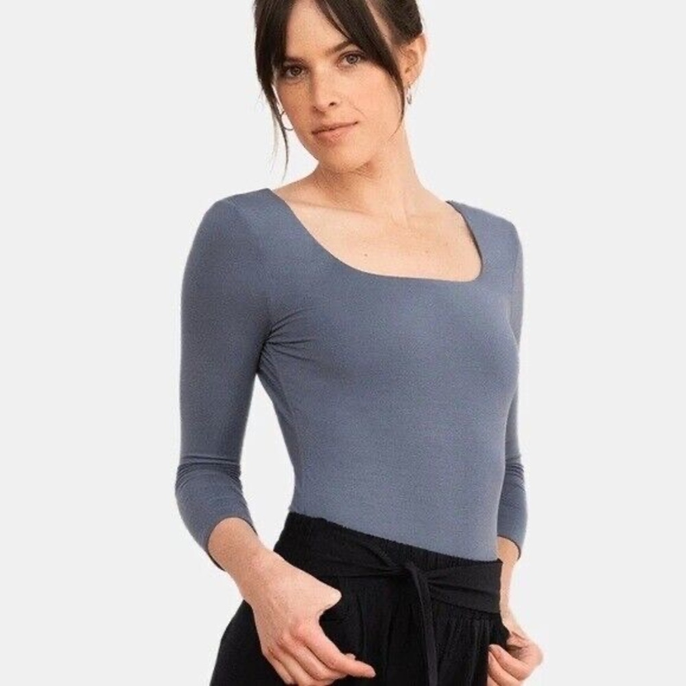 ADAY Best in Class Bodysuit Womens L Black 3/4 Sleeve Square Neck